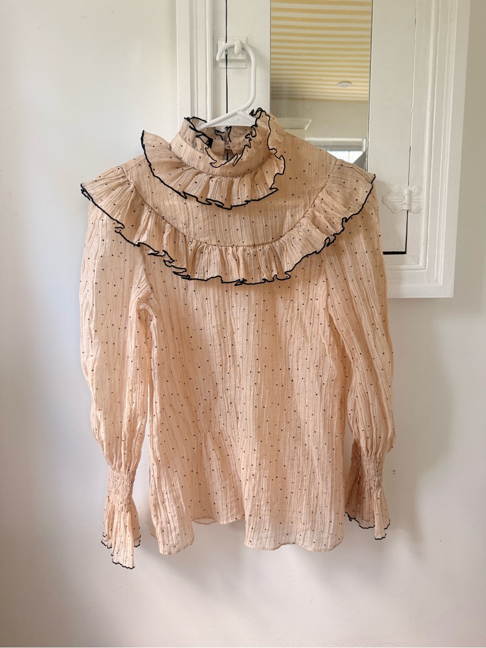 Ruffle neck and sleeve nude Swiss dot blouse